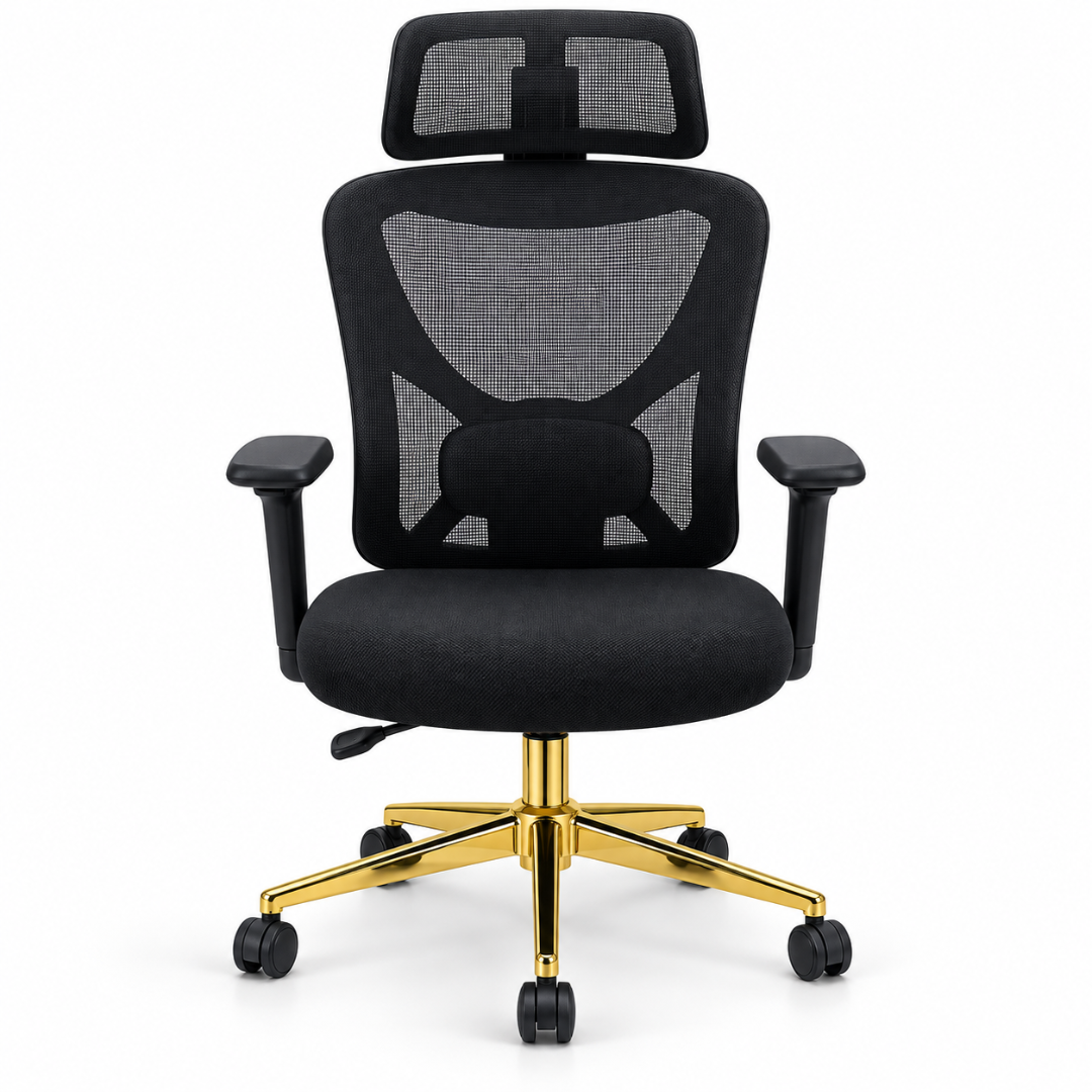 Wooden Twist Aurelio Ergonomic Mesh Office Chair Black & Gold – Front View