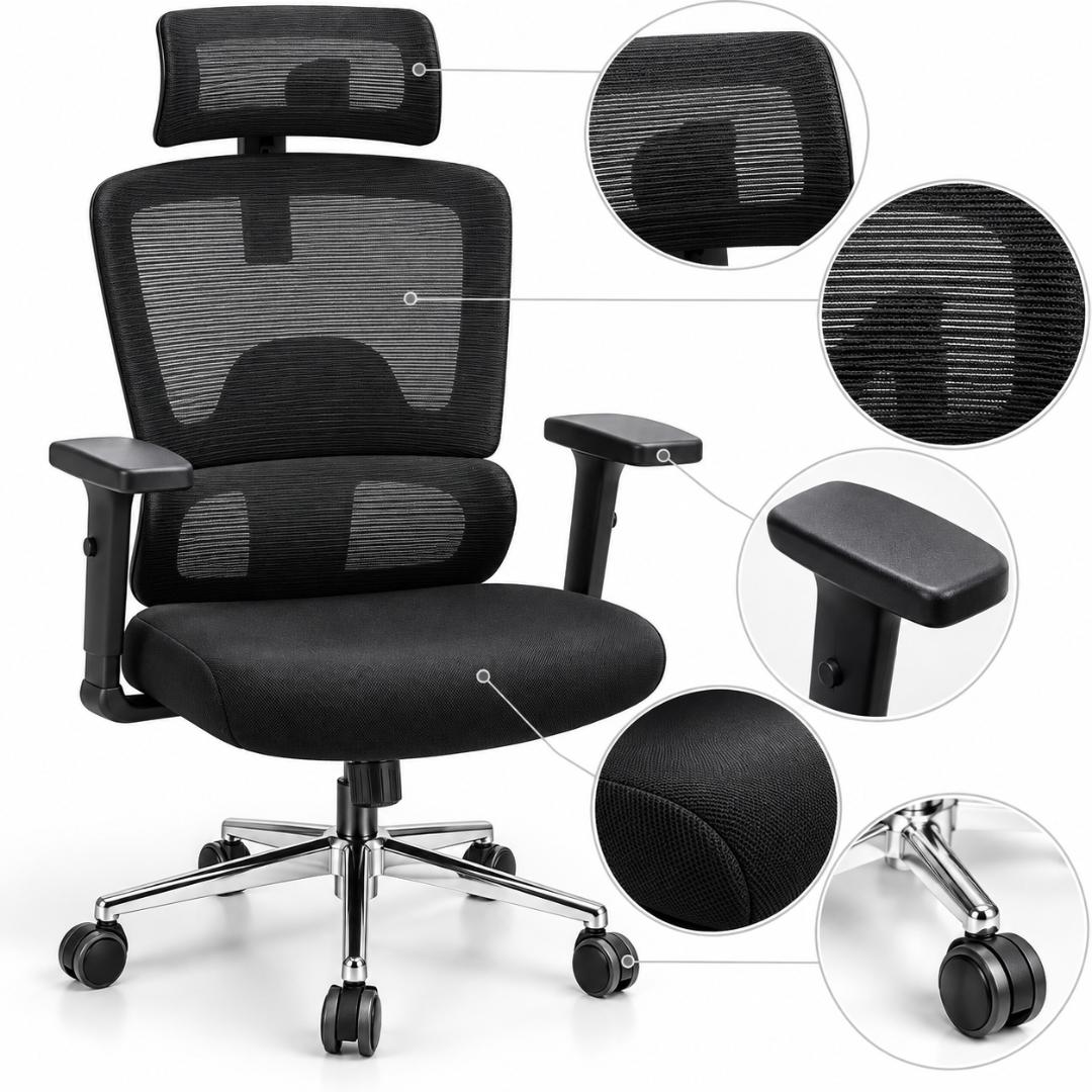 Wooden Twist Orvia Ergonomic Mesh Office Chair Black – Mesh, Armrest, Seat & Caster Details