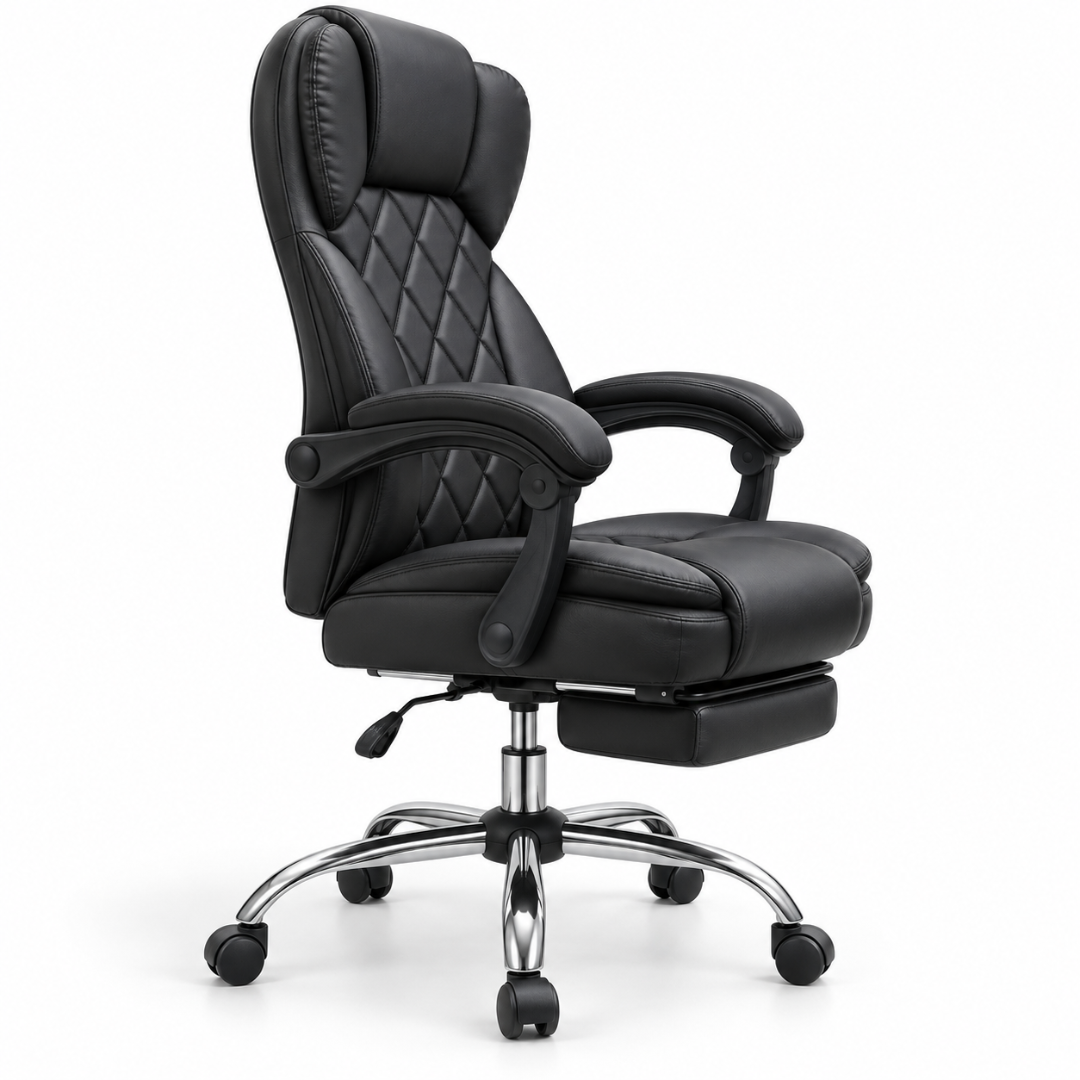 Wooden Twist Draven Black Executive Office Chair with Footrest – side angle with footrest