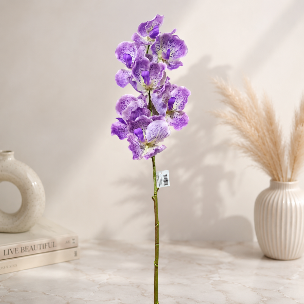 Wooden Twist Artificial Vanda Orchid Flower Stem, 80cm Faux Silk Orchid Spray for Home & Office Decor