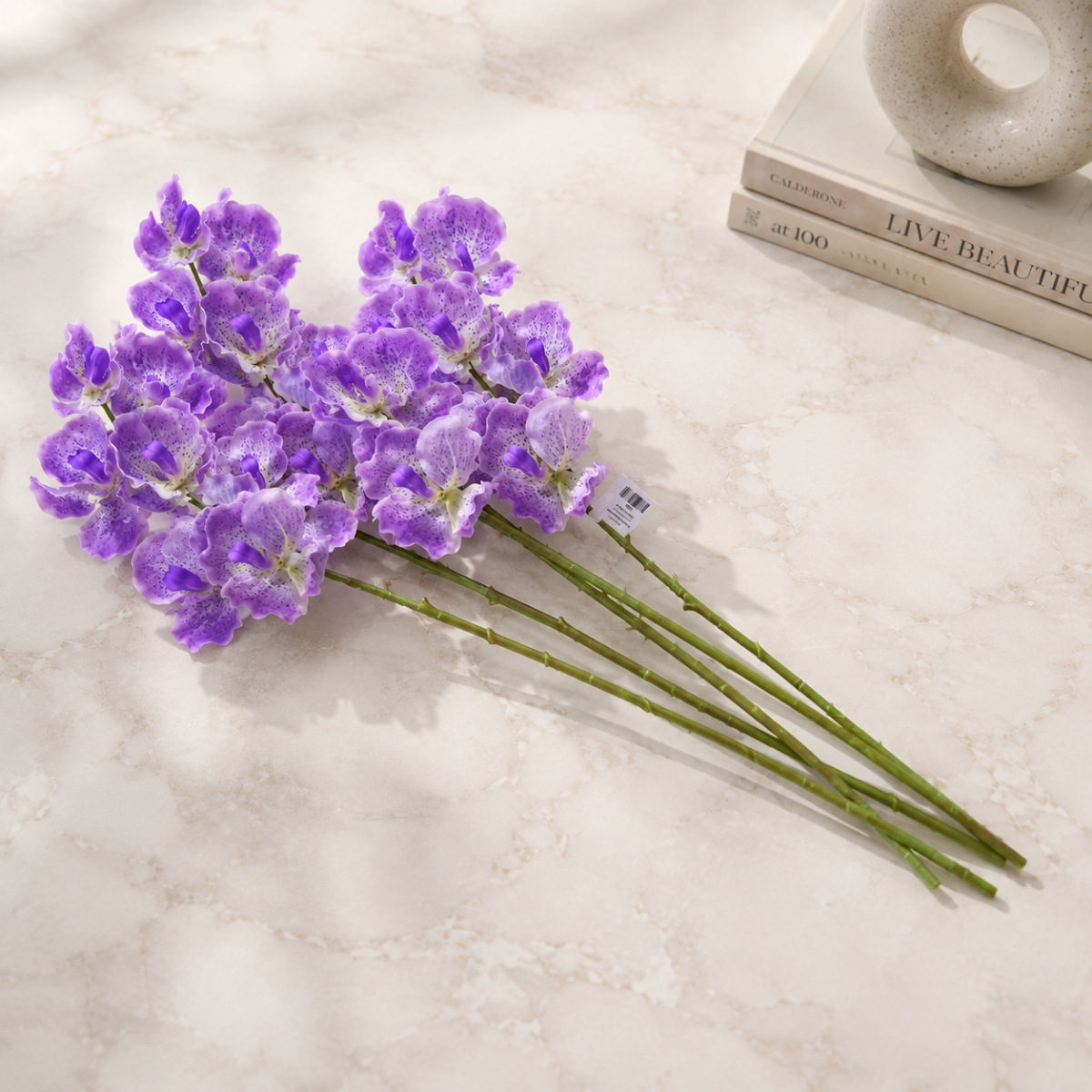 Wooden Twist Artificial Vanda Orchid Flower Stem, 80cm Faux Silk Orchid Spray for Home & Office Decor