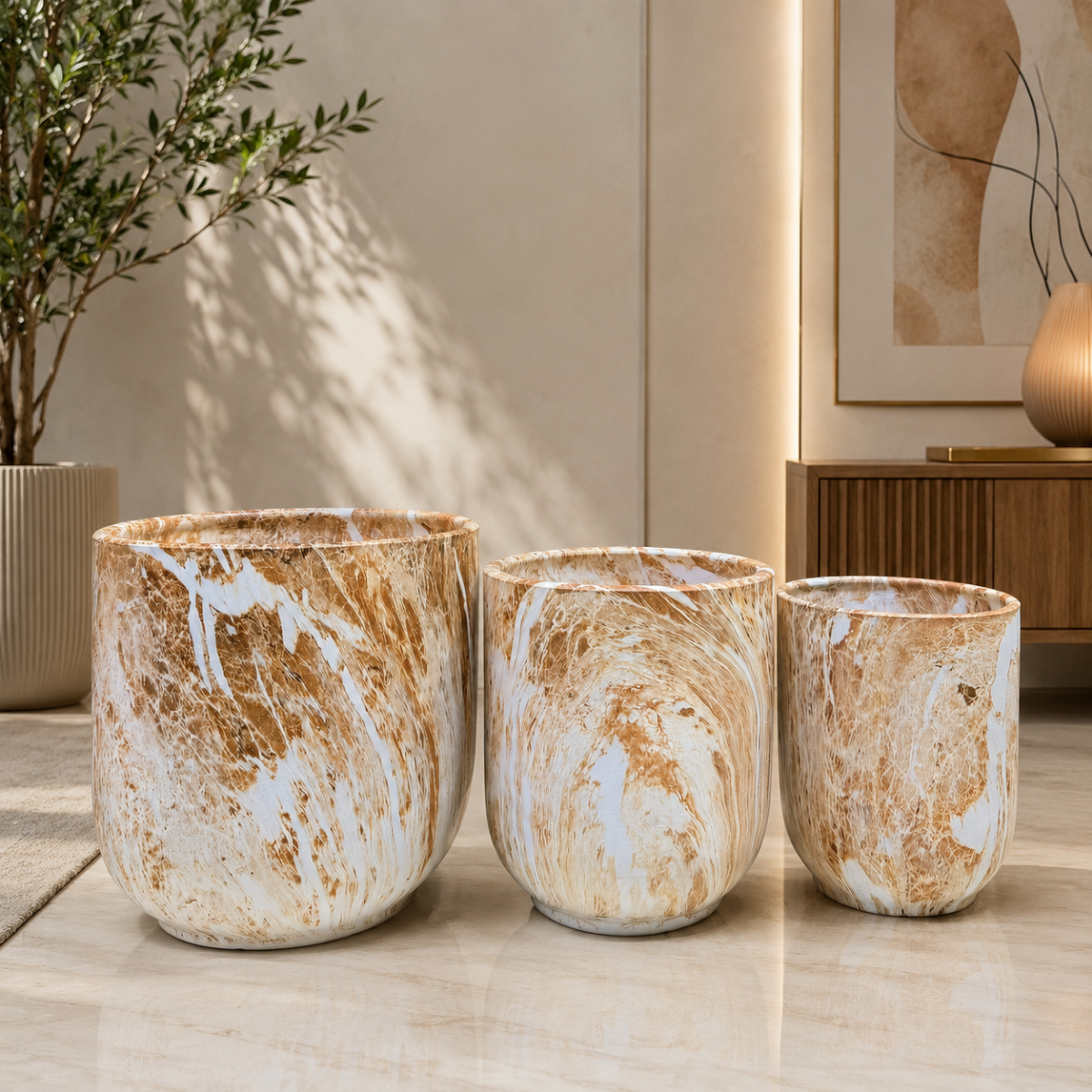 Wooden Twist Premium Round Ceramic Plant Pot for Balcony & Garden