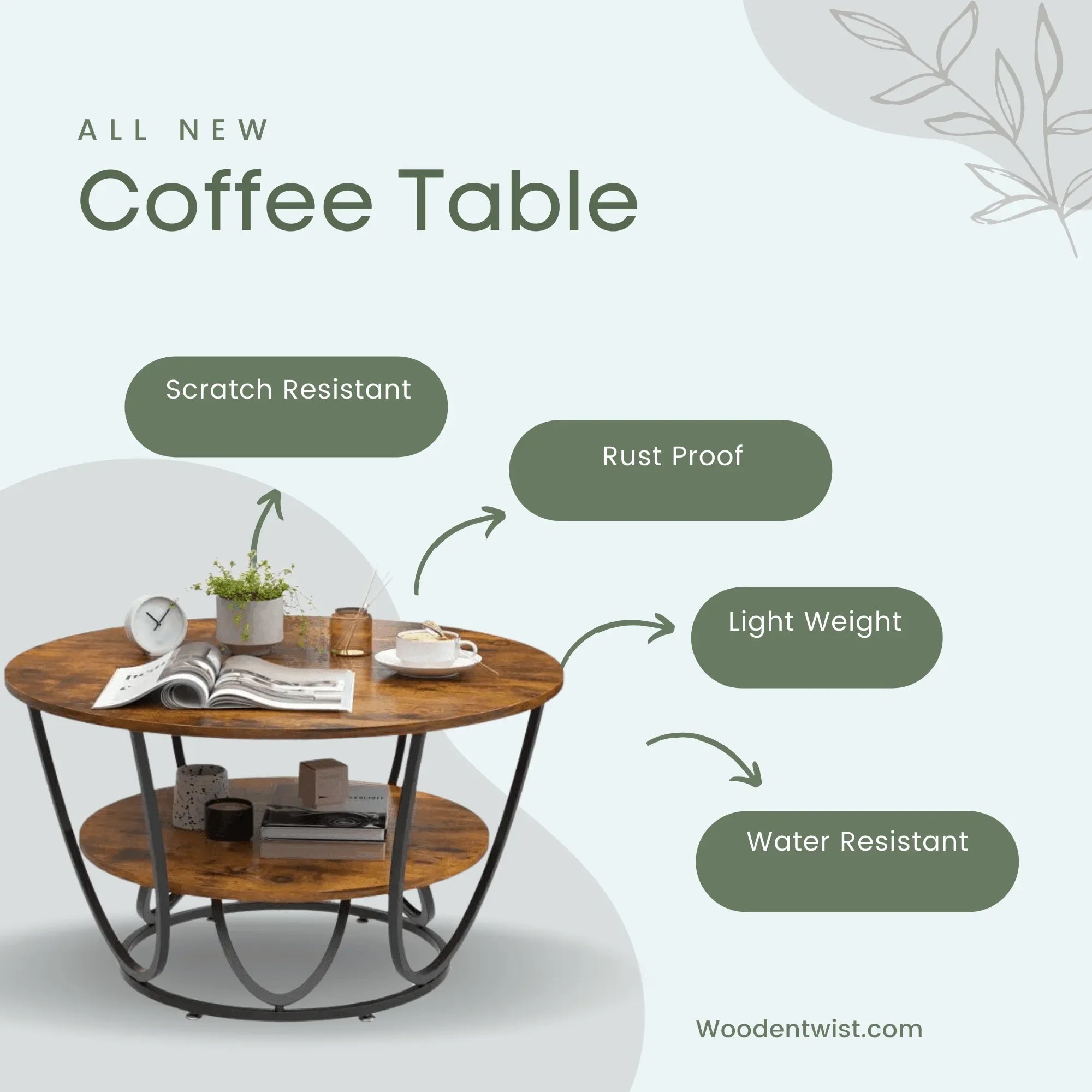 Wooden Twist Round Coffee Table with Marble Top Like Finish Stylish 2-Tier Design - Wooden Twist UAE