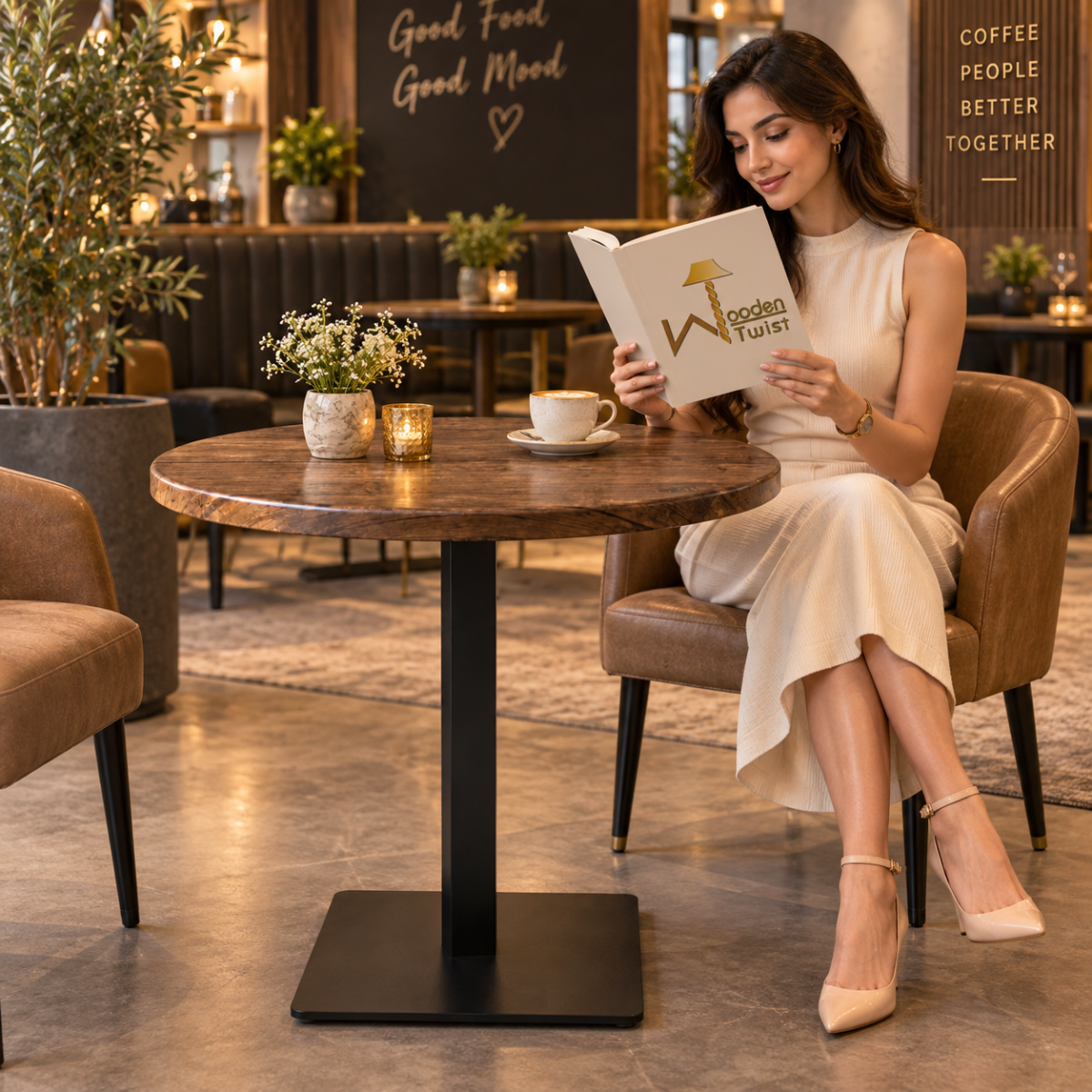 Rustica Round Dining Table - lifestyle, woman reading with coffee in a cafe booth setting