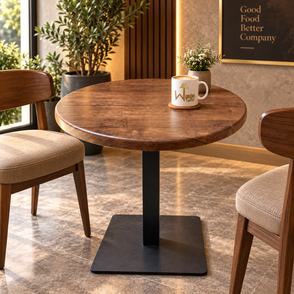 Rustica Round Dining Table - front angled view with coffee mug and plant, cafe booth and framed art