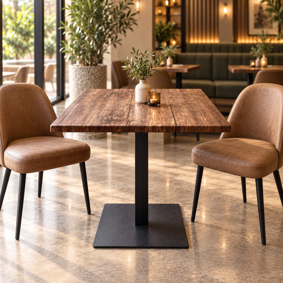 Rustica Square Dining Table - angled view flanked by leather chairs in a restaurant interior