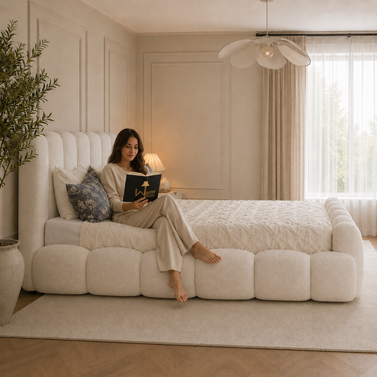 Wooden Twist Sculpted Comfort Bouclé Bed - lifestyle model reading in bed