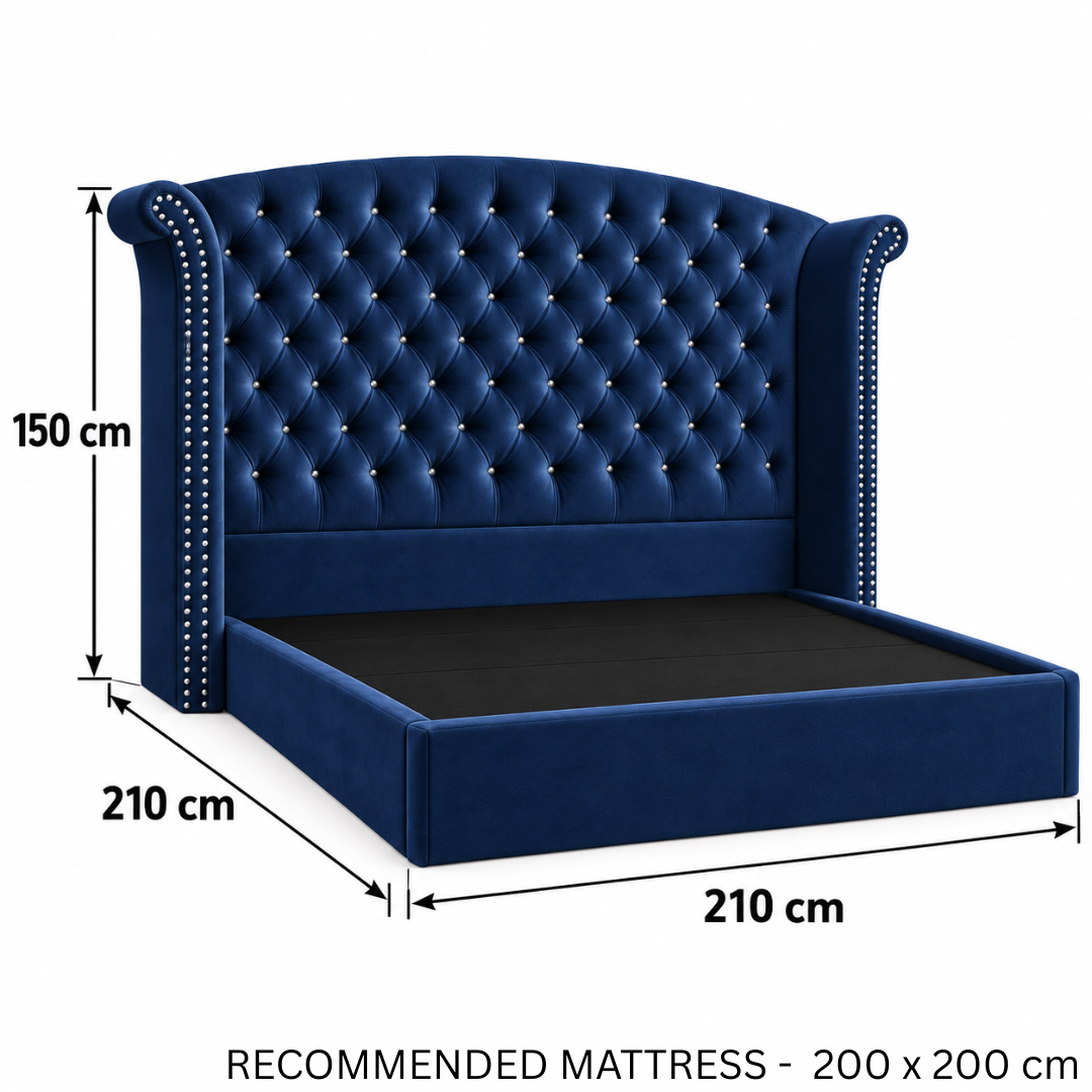 Wooden Twist Sonvora Wingback Tufted Velvet Bed Navy Blue – Super King dimensions 210 x 210 x 150 cm