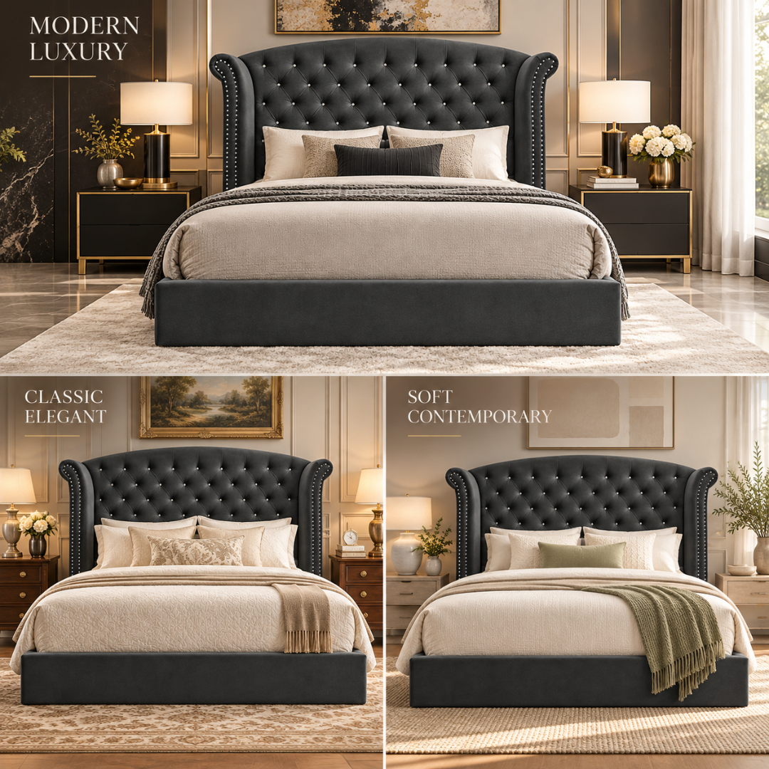 Wooden Twist Sonvora Wingback Tufted Velvet Bed – three bedroom styles