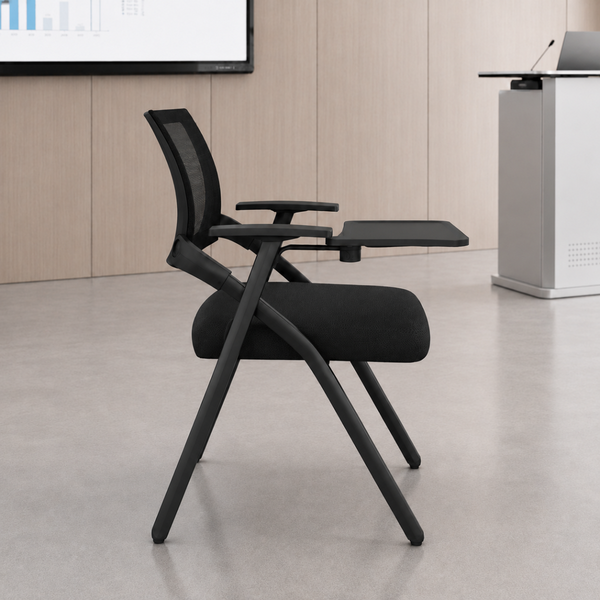 Wooden Twist stackable training chair with writing tablet - side view