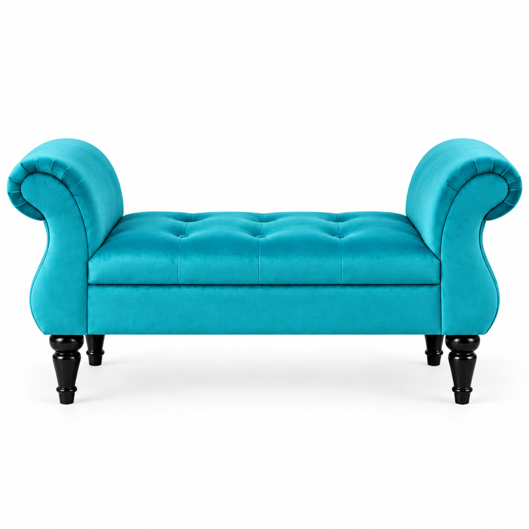 Wooden Twist Svzy sky blue button tufted bench with turned black wooden legs – front view on white background