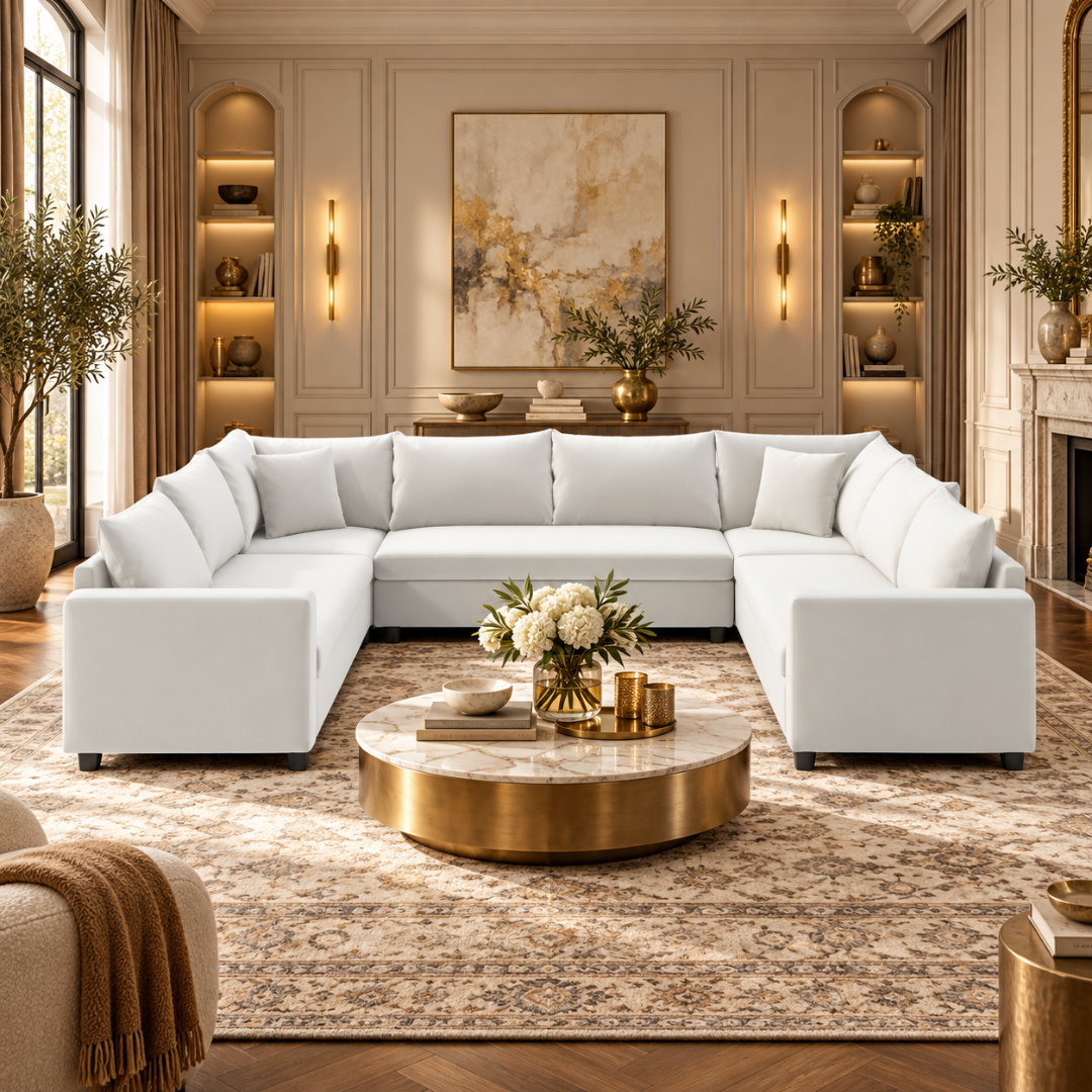 Wooden Twist Velongue U-Shaped 6 Seater Majlis Sofa Beige Velvet – Luxury Living Room Setting