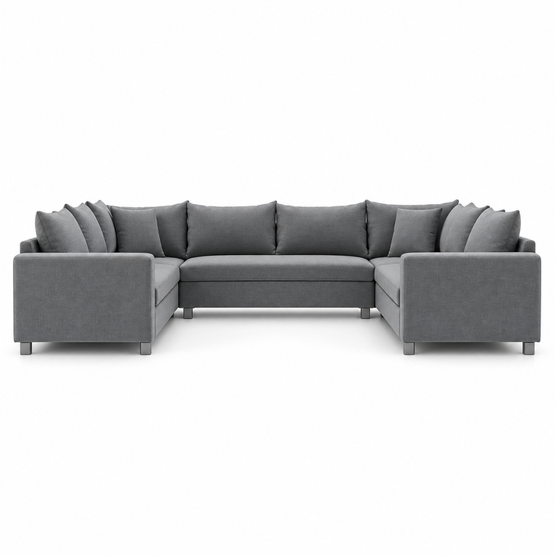 Wooden Twist Velongue U-Shaped 6 Seater Majlis Sofa Grey Velvet – Front View