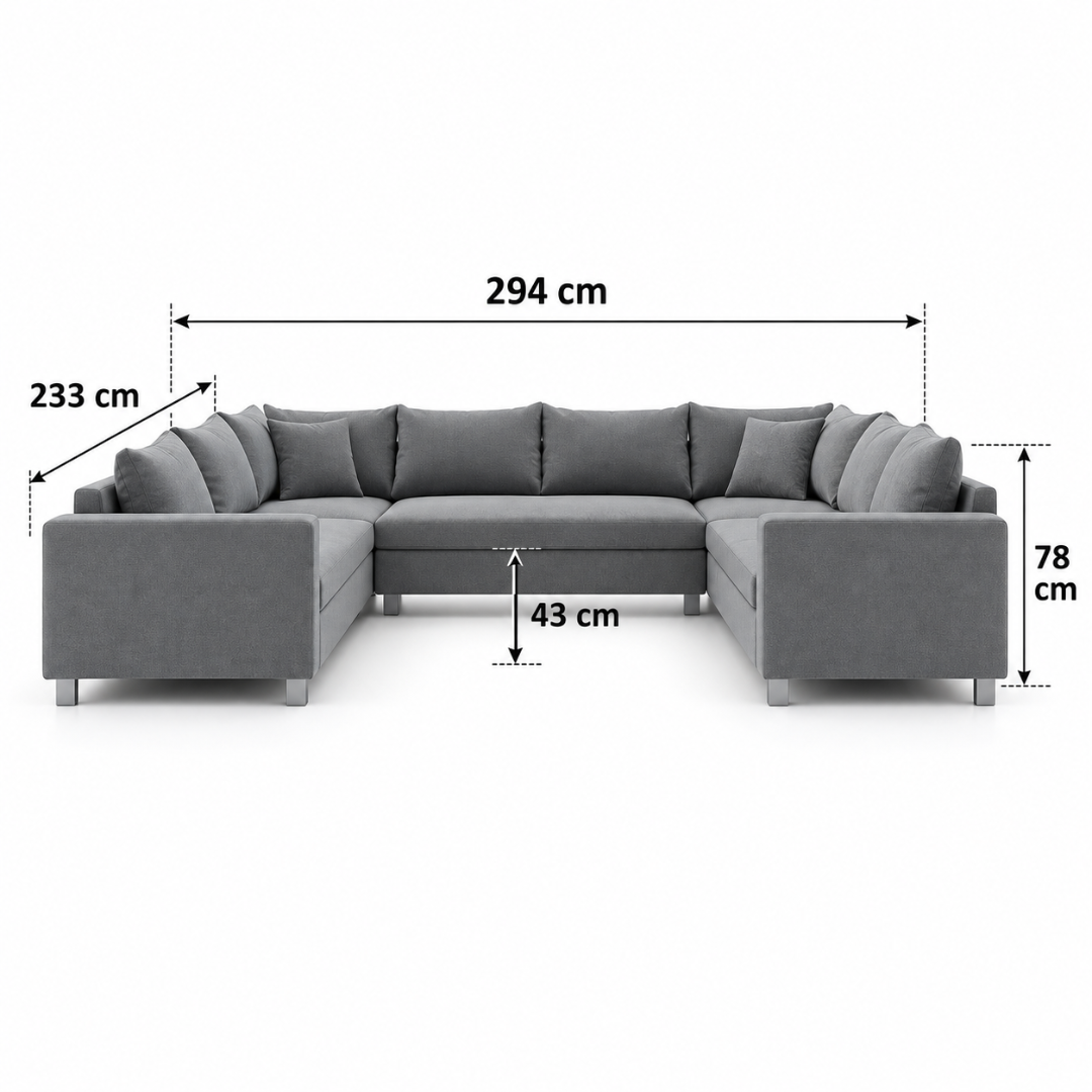 Wooden Twist Velongue U-Shaped 6 Seater Majlis Sofa Grey Velvet – Dimensions 294 x 233 x 78 cm
