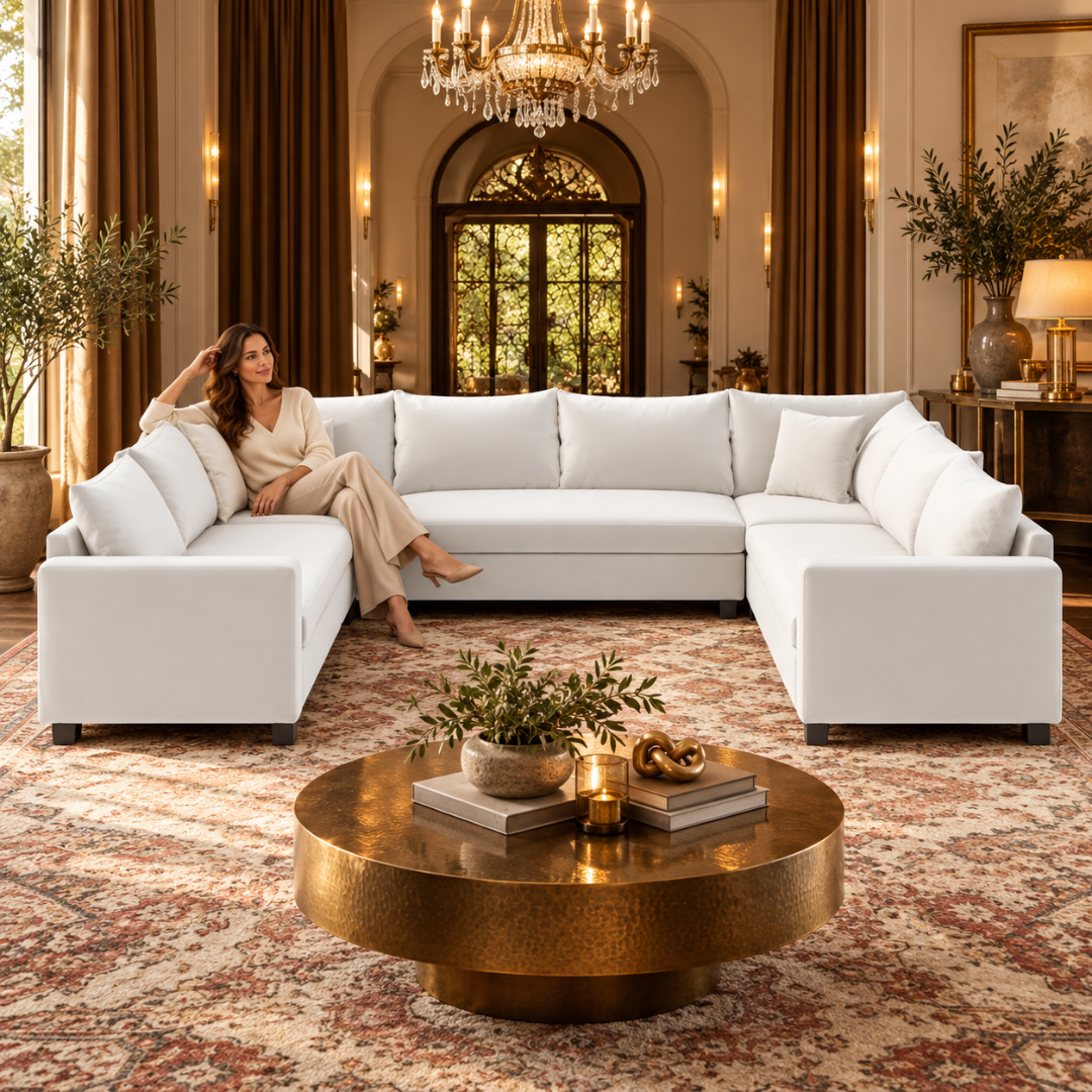 Wooden Twist Velongue U-Shaped 6 Seater Majlis Sofa Beige Velvet – Woman Relaxing in Living Room