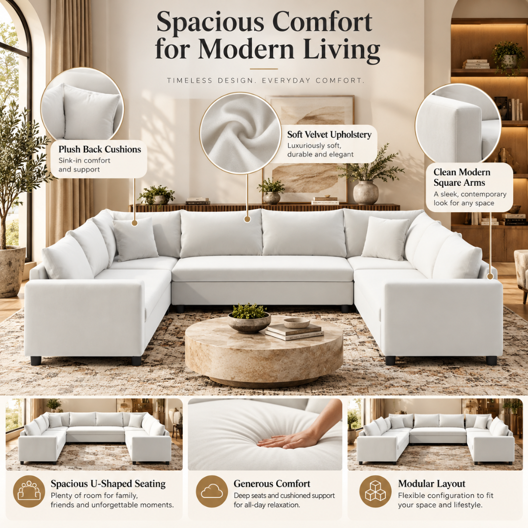Wooden Twist Velongue U-Shaped 6 Seater Majlis Sofa Beige Velvet – Features: Plush Back Cushions, Soft Velvet, Modular Layout