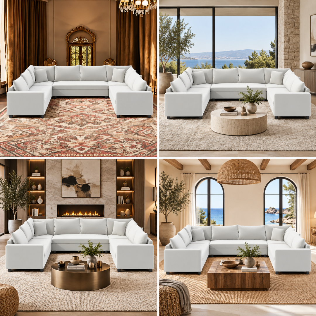 Wooden Twist Velongue U-Shaped 6 Seater Majlis Sofa Beige Velvet – Room Setting Collage