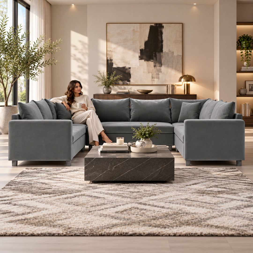 Wooden Twist Velongue U-Shaped 6 Seater Majlis Sofa Grey Velvet – Woman Relaxing in Living Room