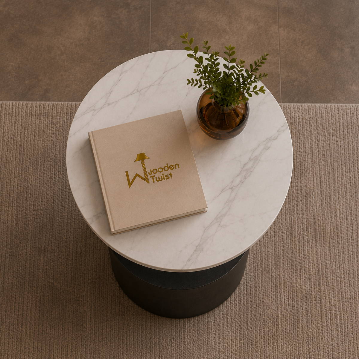 Wooden Twist Velora Round Sintered Stone End Table, top-down view