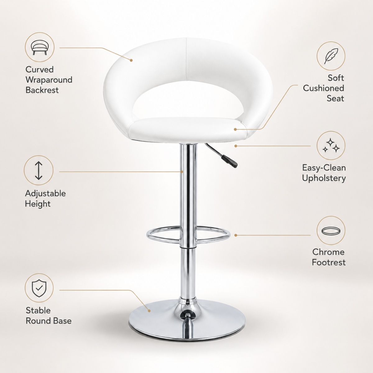 Wooden Twist Luxury Adjustable Height Bar Stool with Curved Wraparound PU Leather Backrest & Chrome Base