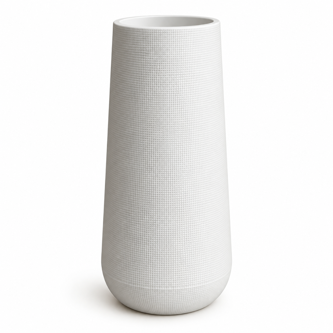 Wooden Twist white textured tapered planter pot – front view on white background