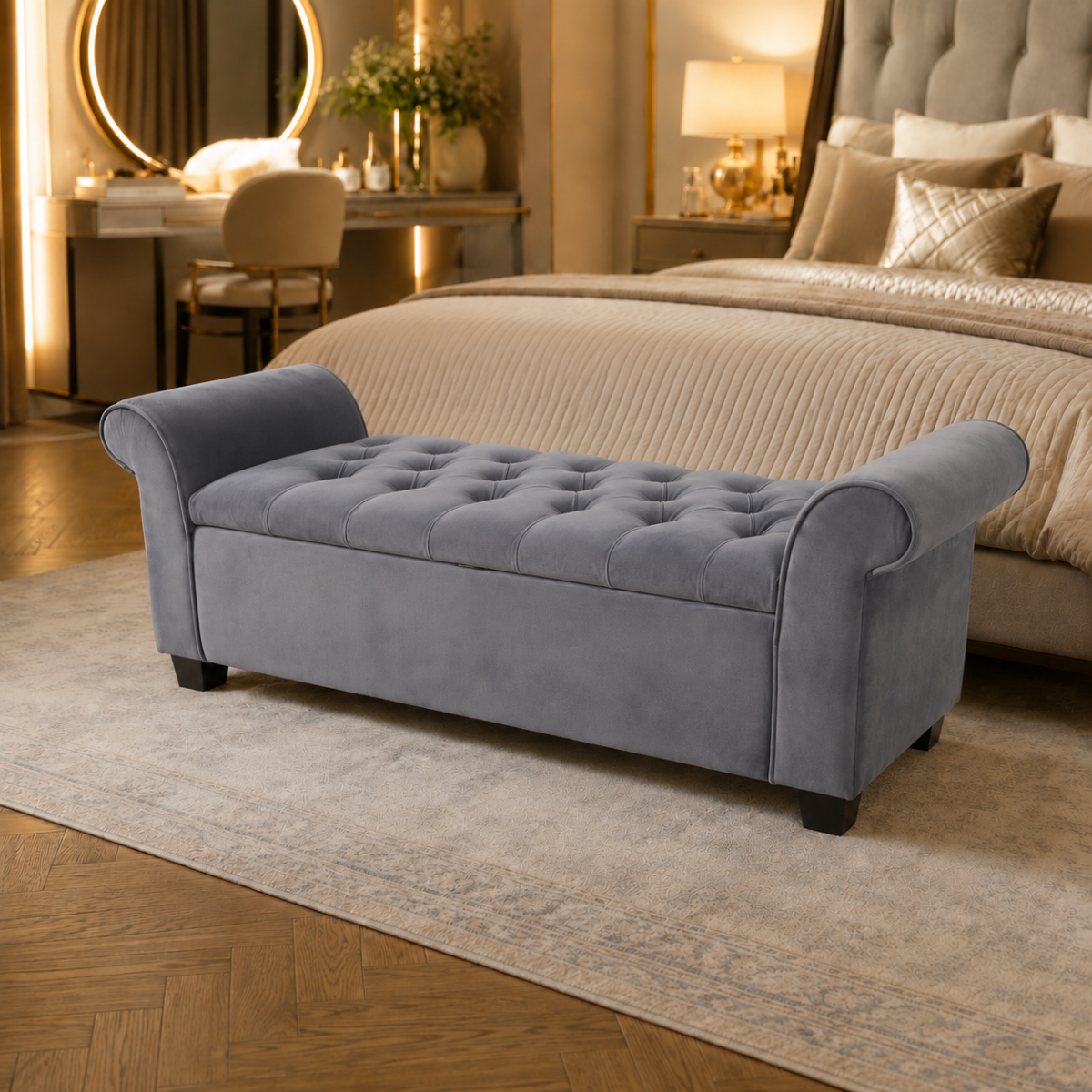 Gray tufted bench in a bedroom setting with a bed and mirrors in the background.