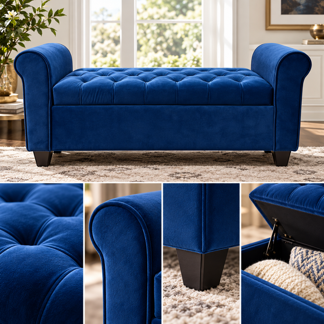 Wooden Twist Zamansiz blue velvet 2 seater storage bench – lifestyle view with close-ups of tufting, rolled arm, leg and storage