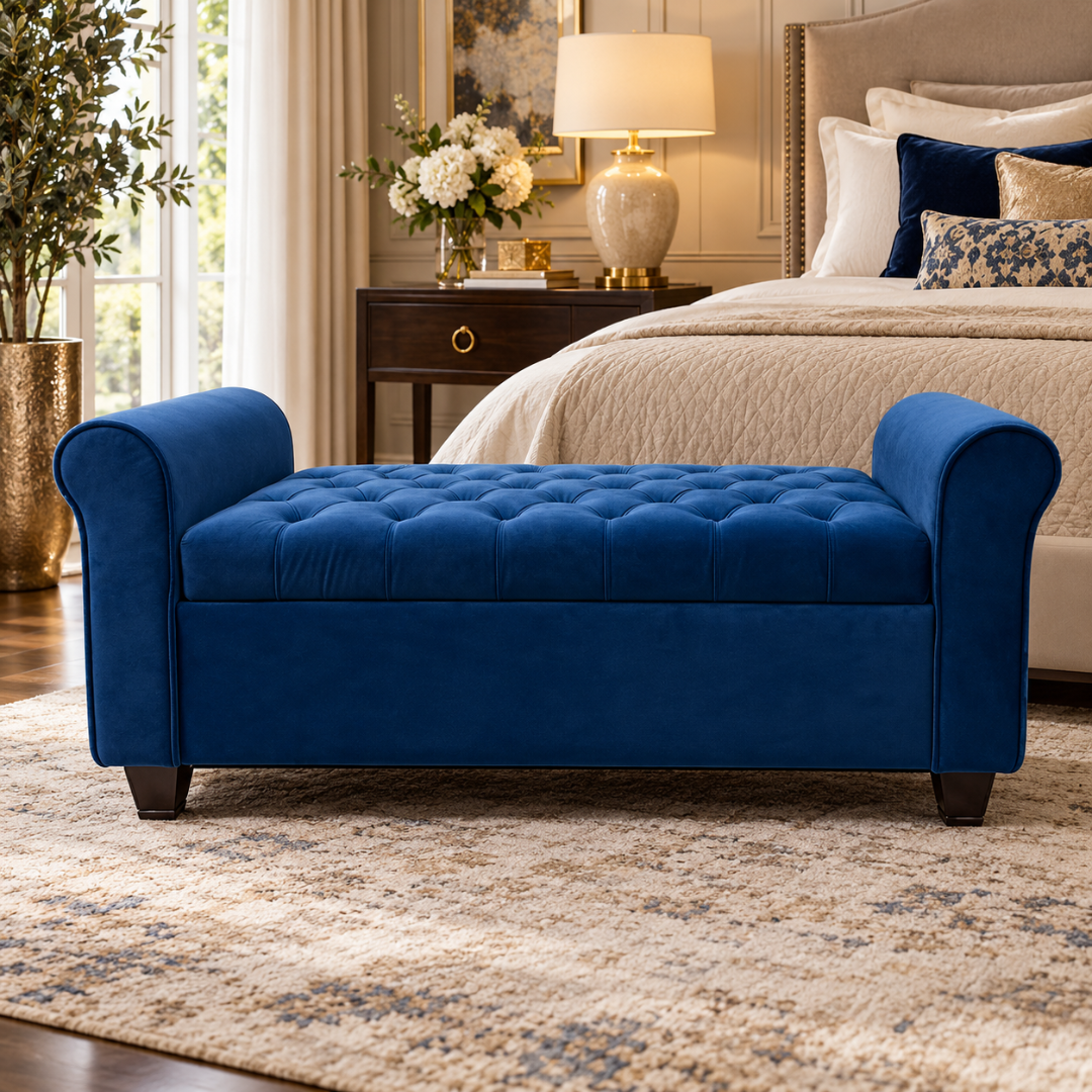 Wooden Twist Zamansiz royal blue tufted velvet storage bench – lifestyle view at the foot of a bed