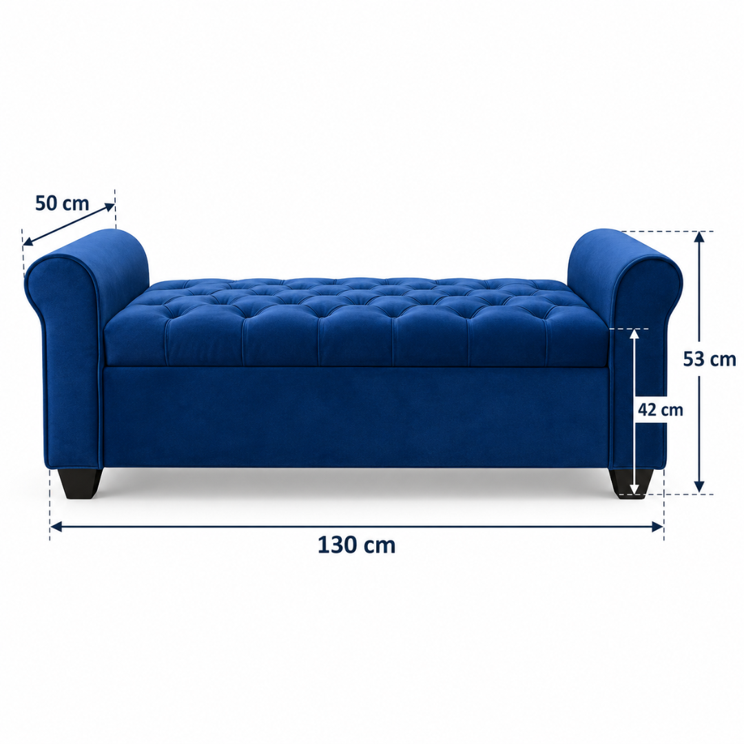 Wooden Twist Zamansiz blue 2 seater storage bench – dimensions 130 x 50 x 53 cm, seat height 42 cm