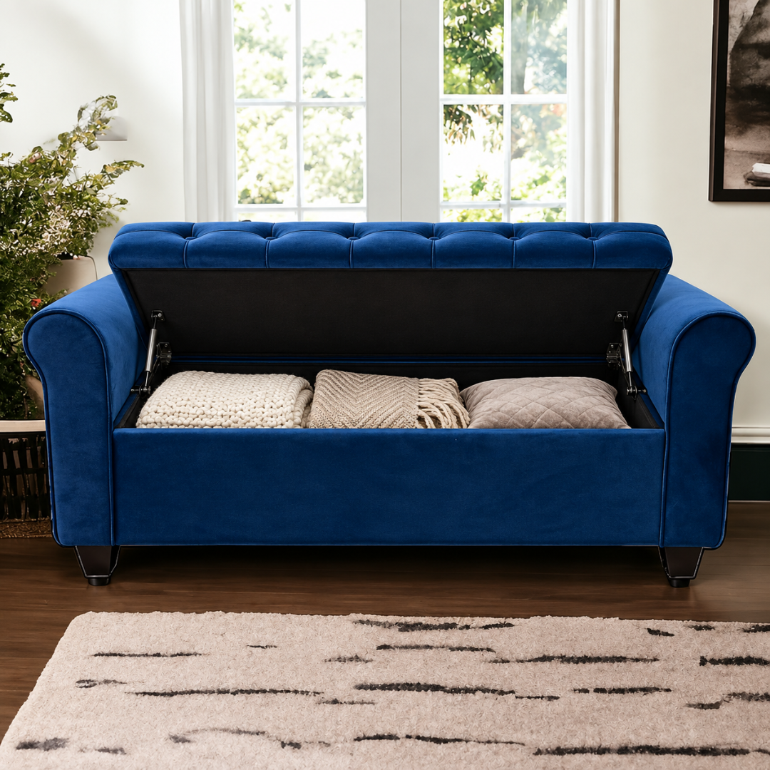 Wooden Twist Zamansiz blue velvet storage bench – lid open showing hidden storage in living room