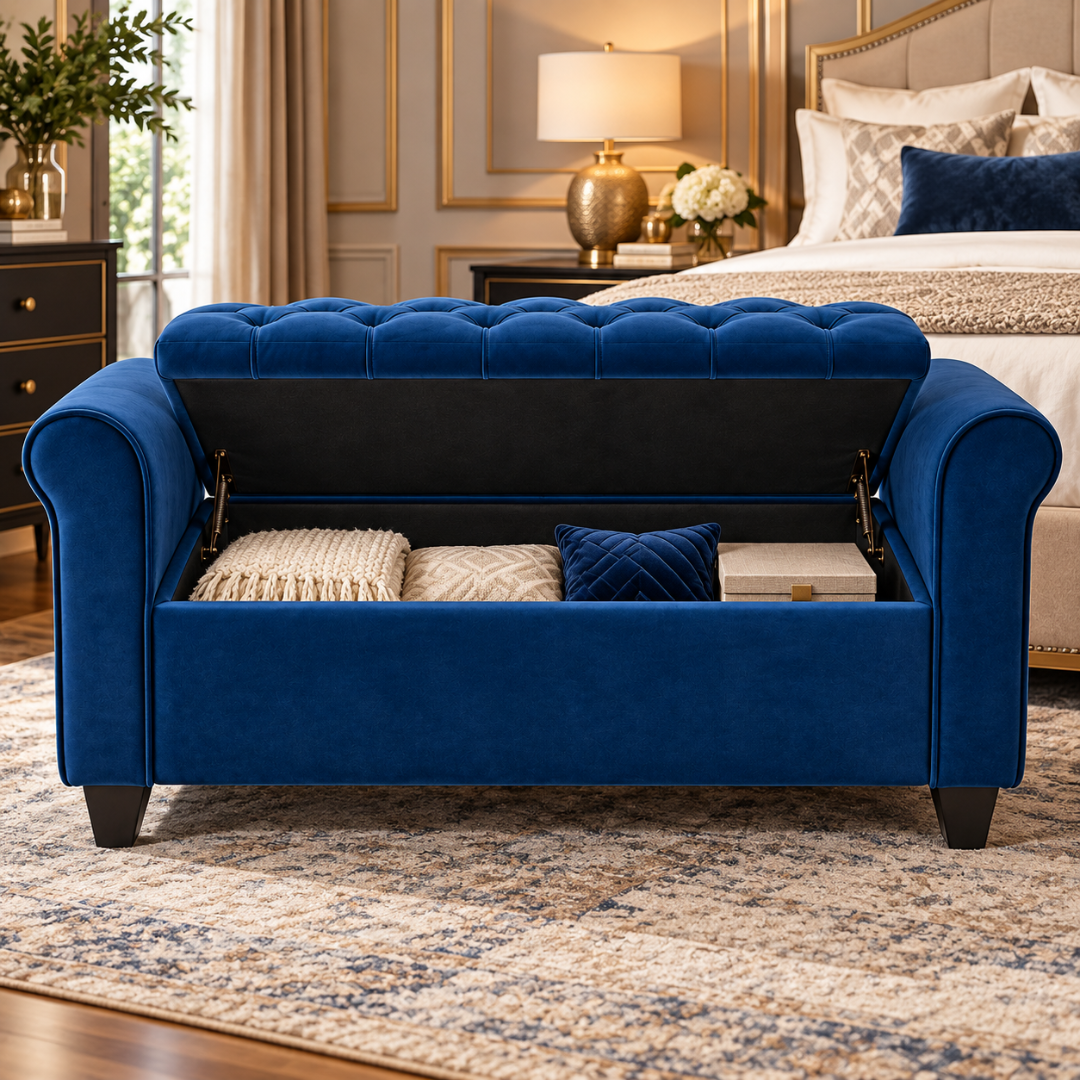 Wooden Twist Zamansiz blue velvet storage bench – lid open at the foot of a bed with blankets inside