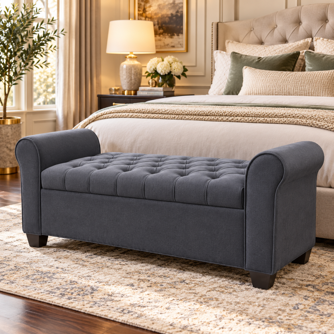 Wooden Twist Zamansiz dark grey velvet 2 seater storage bench – lifestyle view at the foot of a bed