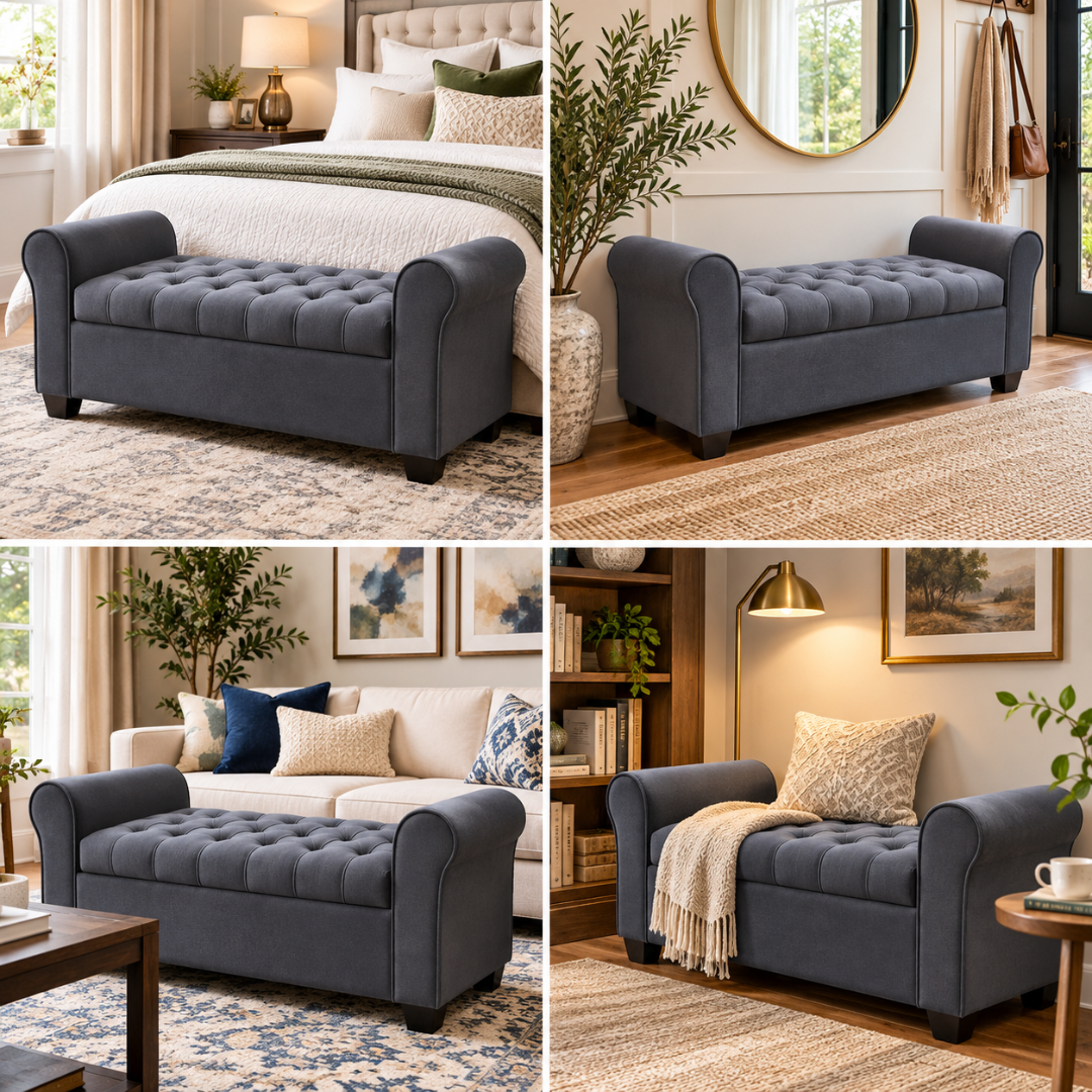 Wooden Twist Zamansiz dark grey storage bench – styled in bedroom, entryway and living room