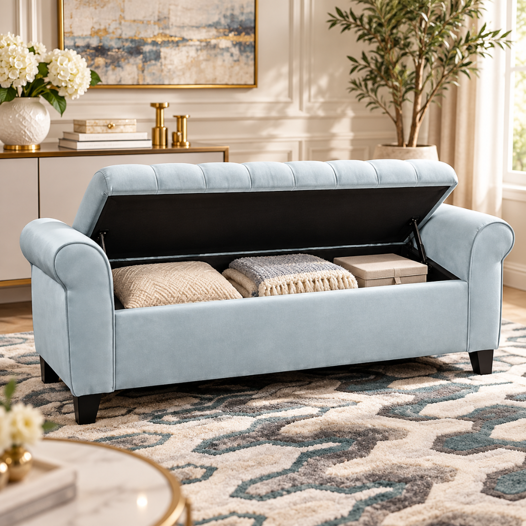 Wooden Twist Zamansiz light sky velvet storage bench – lid open showing hidden storage for blankets and pillows