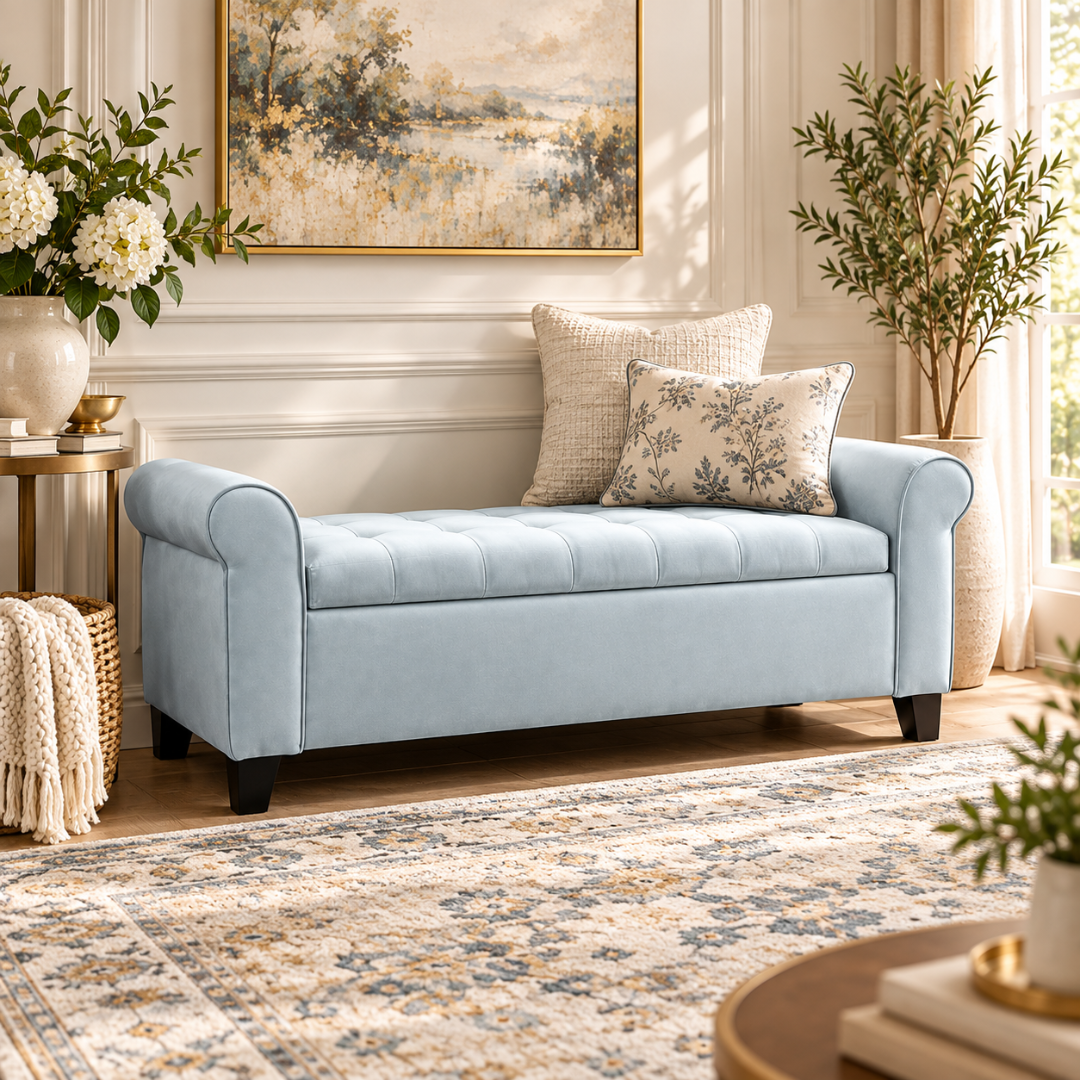 Wooden Twist Zamansiz light sky rolled arm storage bench with cushions – lifestyle view in living room