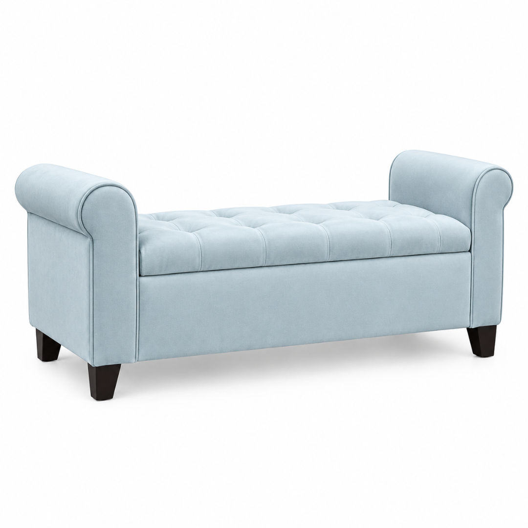 Wooden Twist Zamansiz light sky button tufted storage bench – angled view on white background