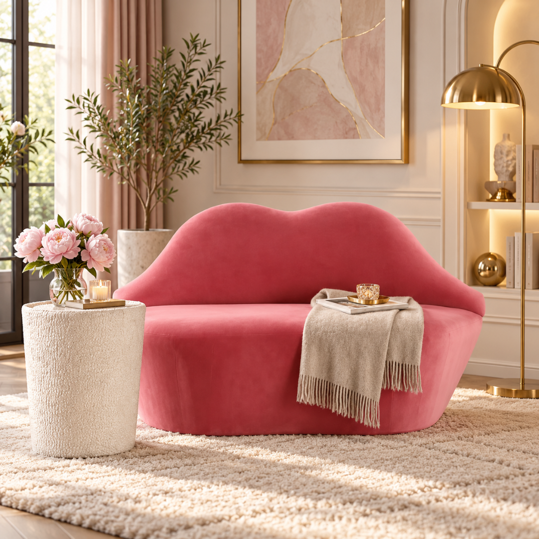 Wooden Twist pink velvet lip sofa with throw – lifestyle view beside a side table