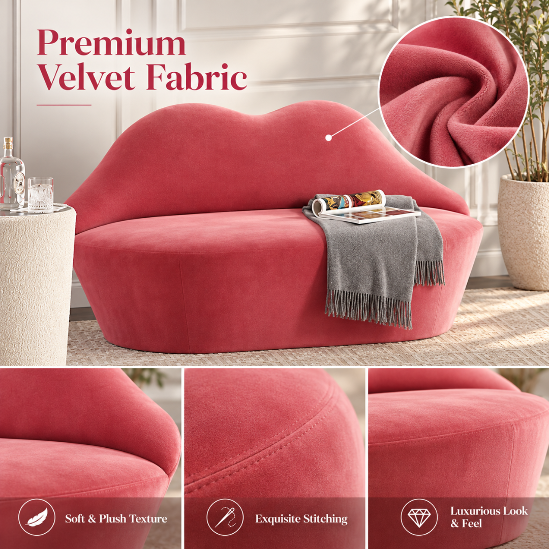 Wooden Twist pink lip sofa – premium velvet fabric with soft plush texture and fine stitching