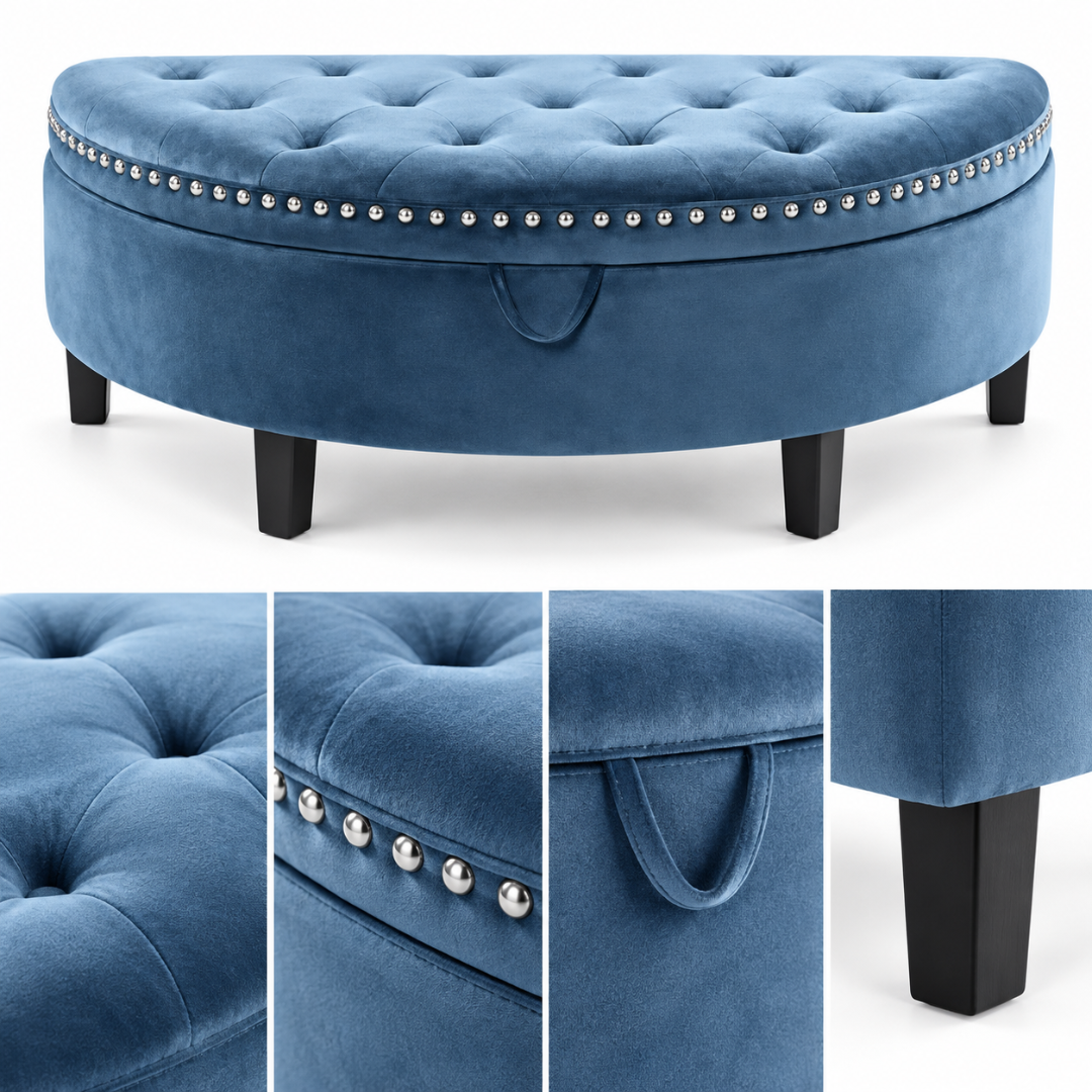 Wooden Twist Half Moon Leather Tufted Storage Bench Blue – front view with close-ups of tufting, nailhead trim, pull tab and leg