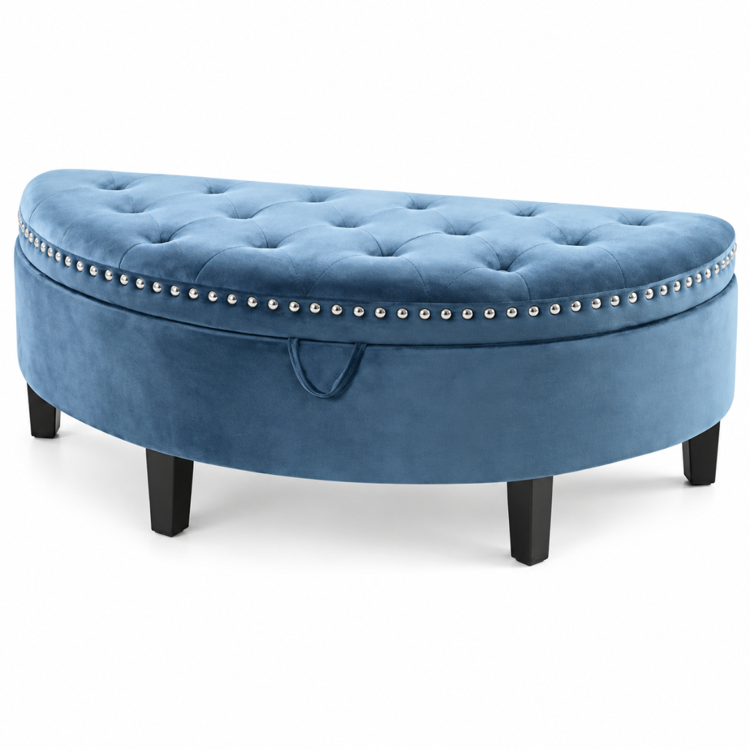 Wooden Twist Half Moon Leather Tufted Storage Bench Blue – angled view on white background