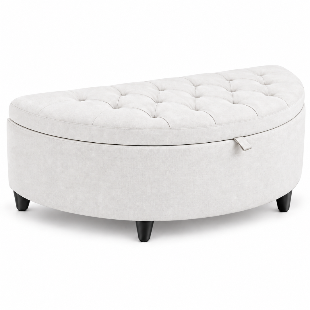 Wooden Twist Half Moon Leather Tufted Storage Bench White – front view on white background