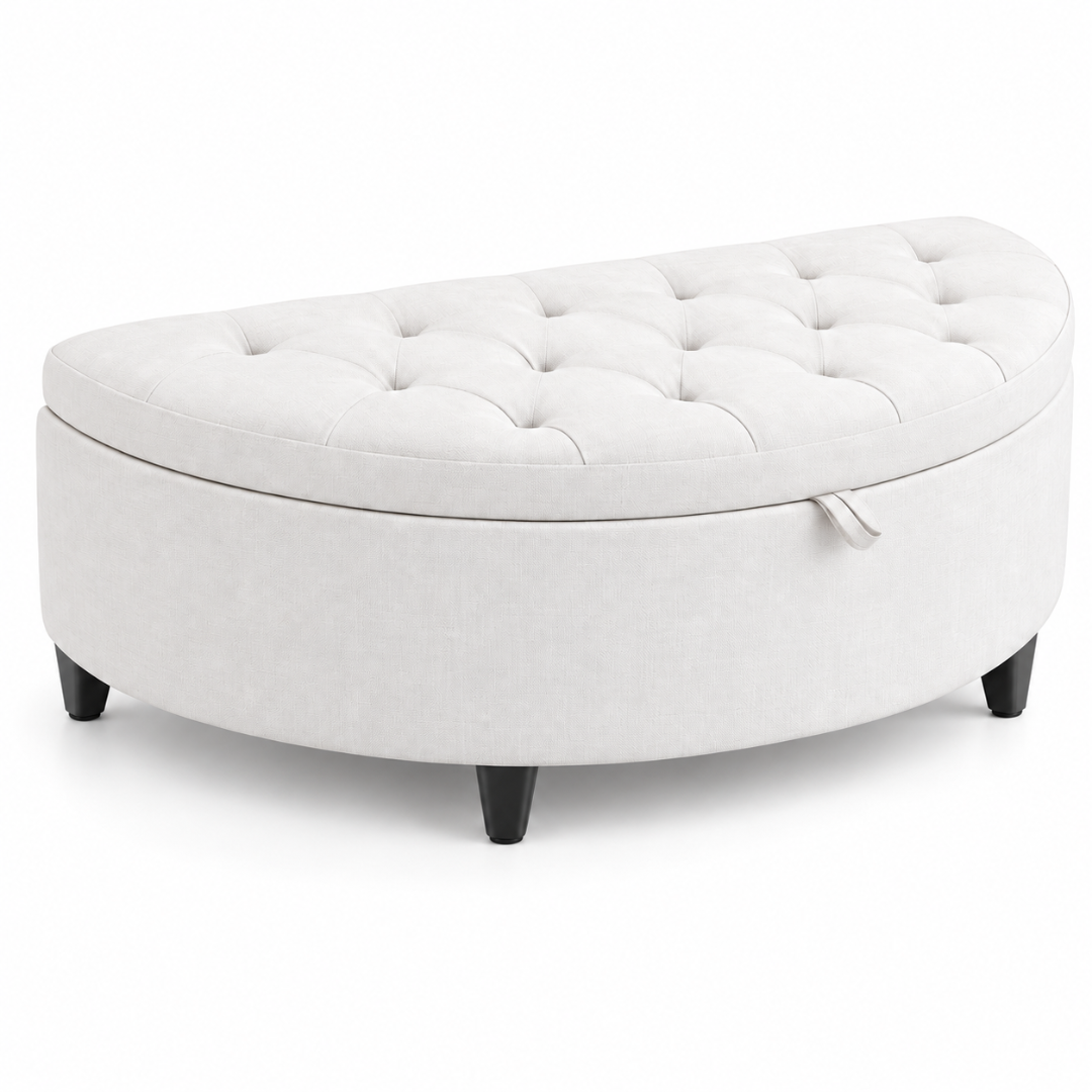 Wooden Twist Half Moon Leather Tufted Storage Bench White – angled studio view of curved front and pull tab