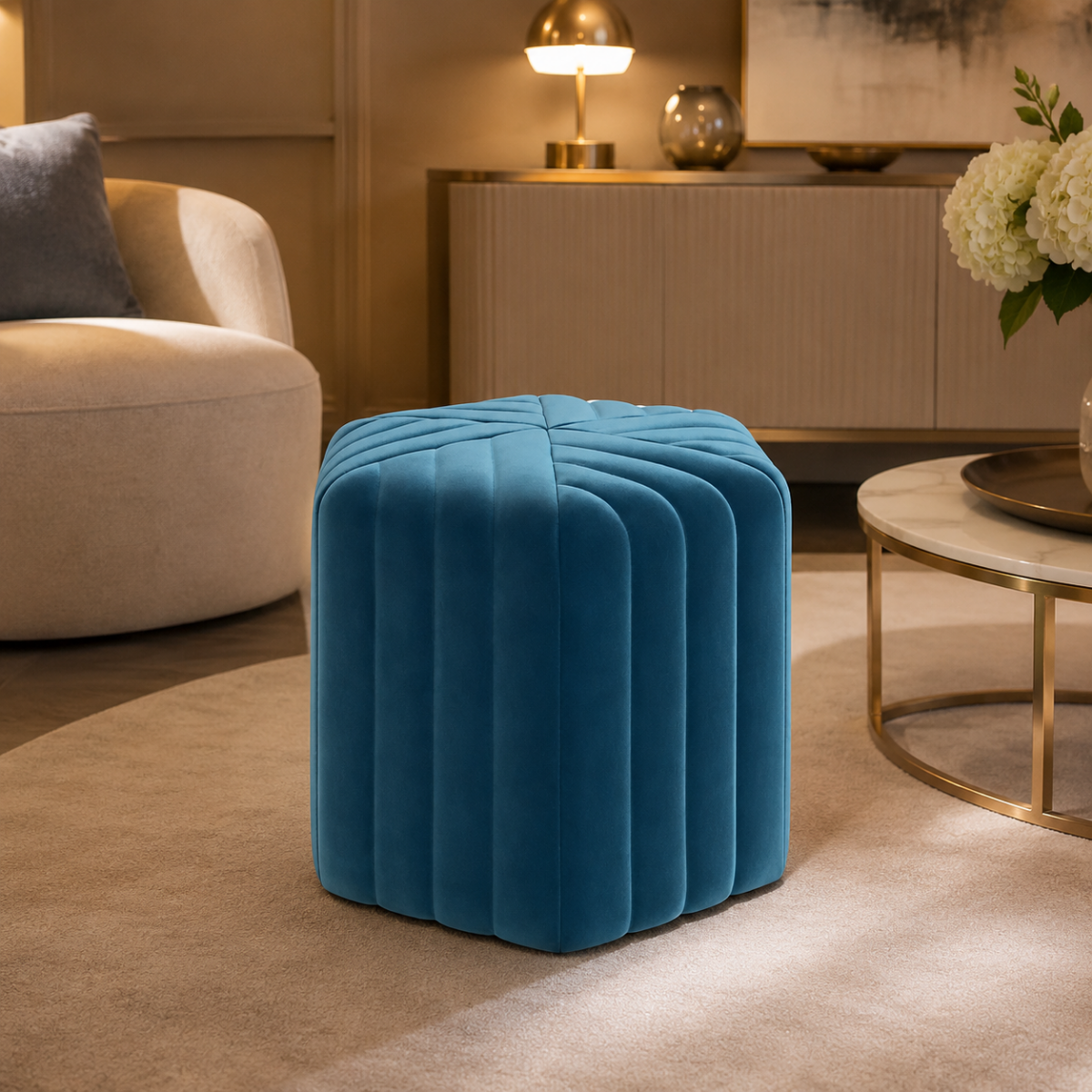 Wooden Twist Lucid Hexagonal Shape Solid Wood Pouf Ottoman Stool