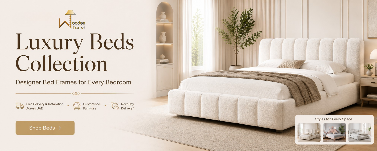 Luxury bed frame collection advertisement featuring a large upholstered tufted bed in a bright, modern bedroom. The ad includes the Wooden Turf brand logo, text reading 'Luxury Beds Collection,' and small feature icons for free delivery, installation, and custom furniture.