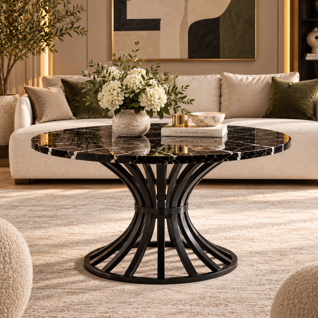 Wooden Twist Noir round black marble table with sculptural black metal pedestal in a modern living room