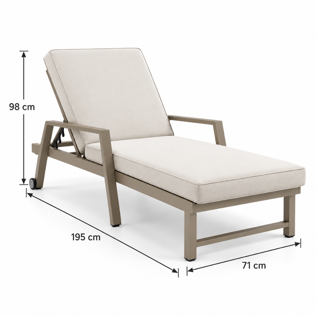 Wooden Twist Marbella Aluminium Sun Lounger with Adjustable Reclining Backrest, Armrests & Cushion for Pool, Garden & Terrace (Taupe & Beige)