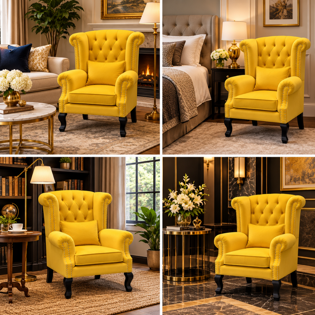 Wooden Twist Majestic Velvet Wingback Chair Yellow – Room Styling Ideas