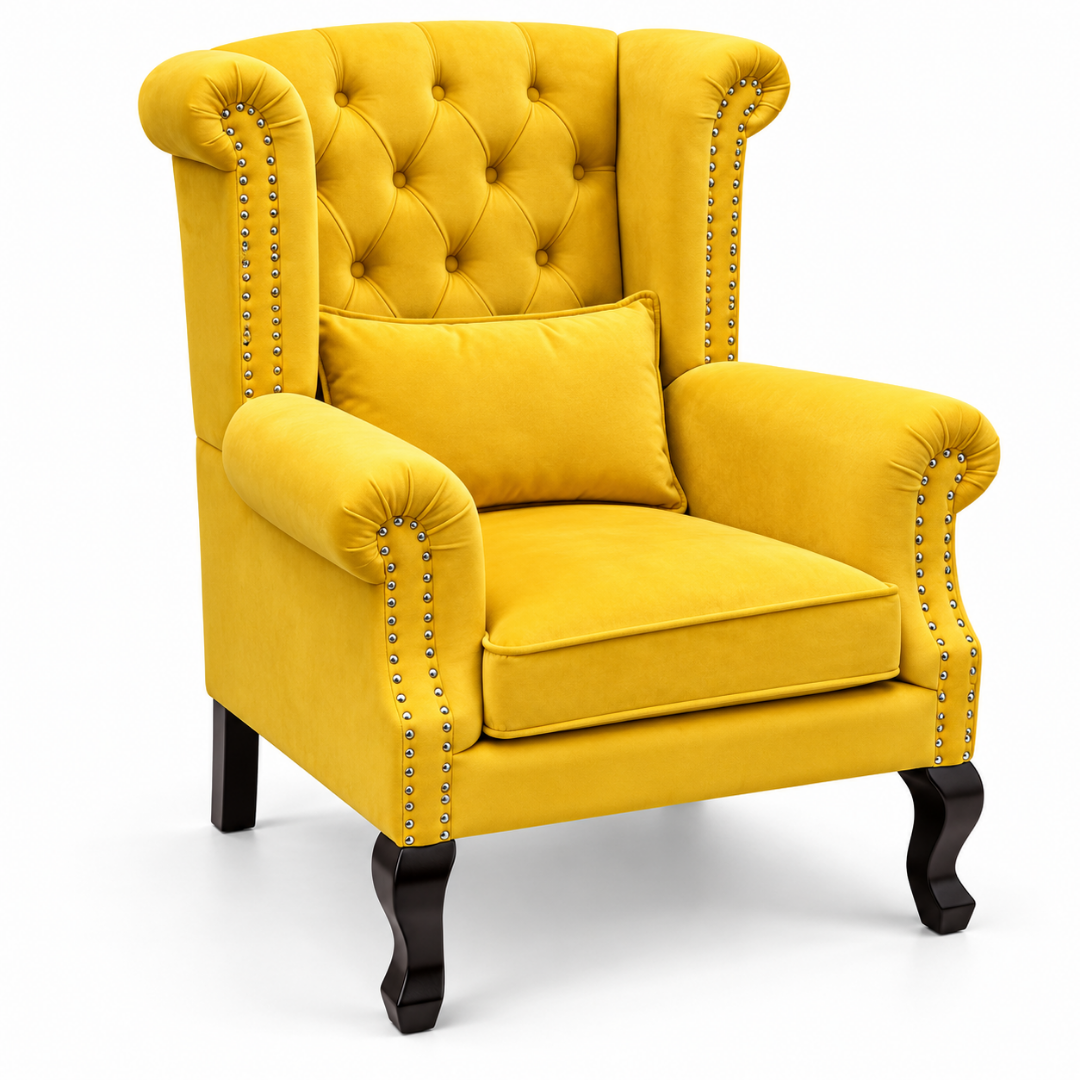 Wooden Twist Majestic Velvet Wingback Chair Yellow – Front View