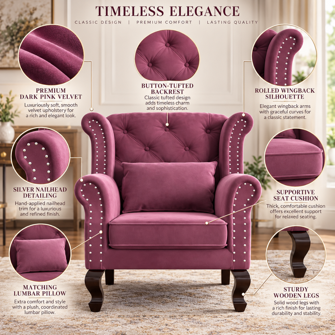Wooden Twist Majestic Velvet Wingback Chair Dark Pink – Key Features