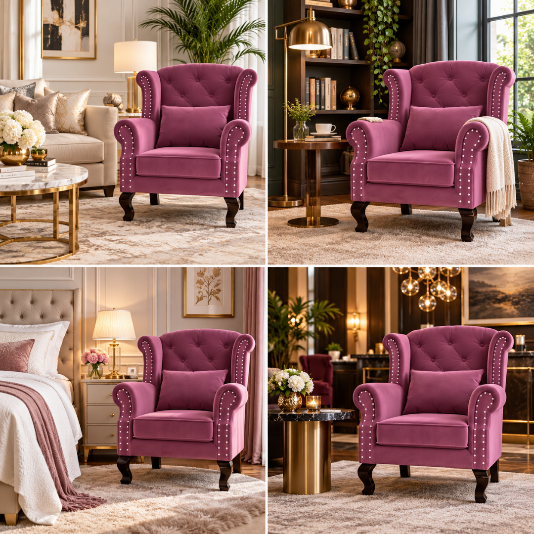 Wooden Twist Majestic Velvet Wingback Chair Dark Pink – Room Styling Ideas